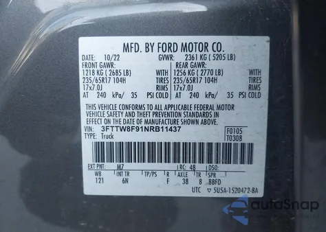 2022 Ford Maverick Lariat from USA, damaged, VIN 3FTTW8F91NRB11437